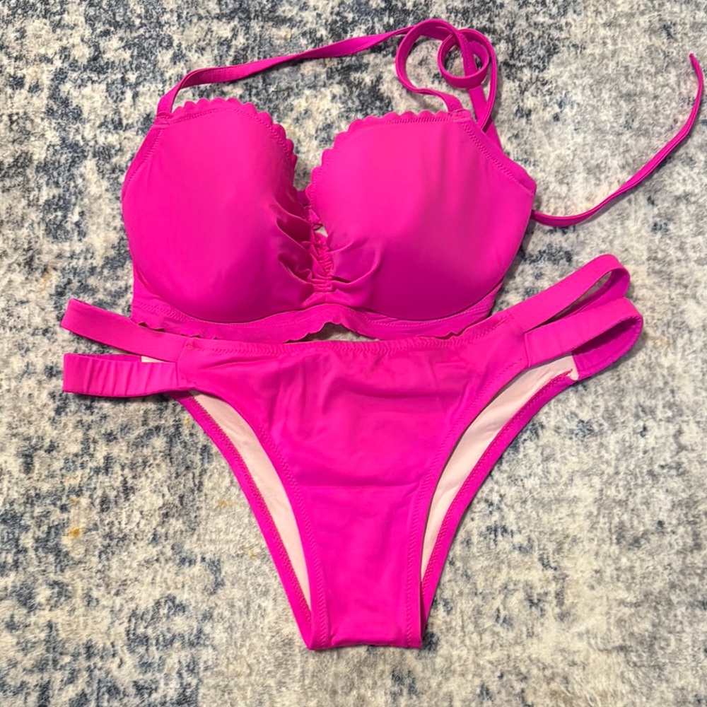 Victoria's Secret Hot Pink Bikini 32DD top large bottom